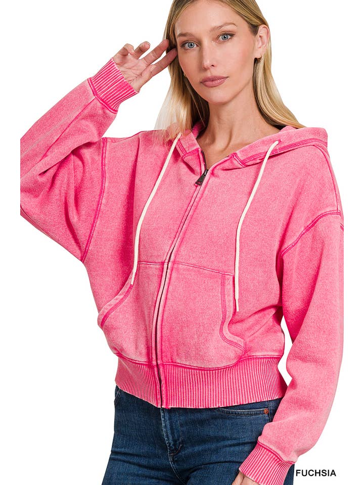 42POPS - Wholesale Hoodie – Women's - .....SI-25313 Acid Wash Fleece Cropped Zip Up Hoodie2