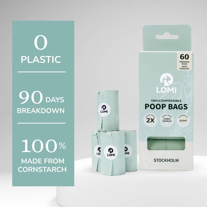 LOMI Pet Care – saco de cocó de cão por atacado – Sacos de cocô 100% Compostáveis com Alças — Eco-Friendly