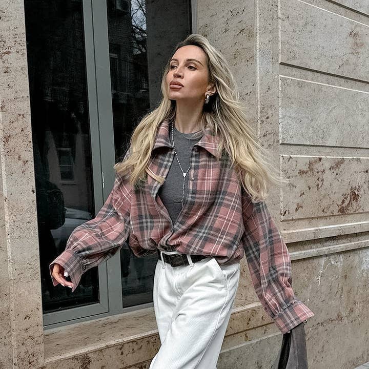 Marayn - Wholesale Buttoned-down shirt – Women's - Autumn Vintage Oversized Plaid Shirt Chic Versatile17