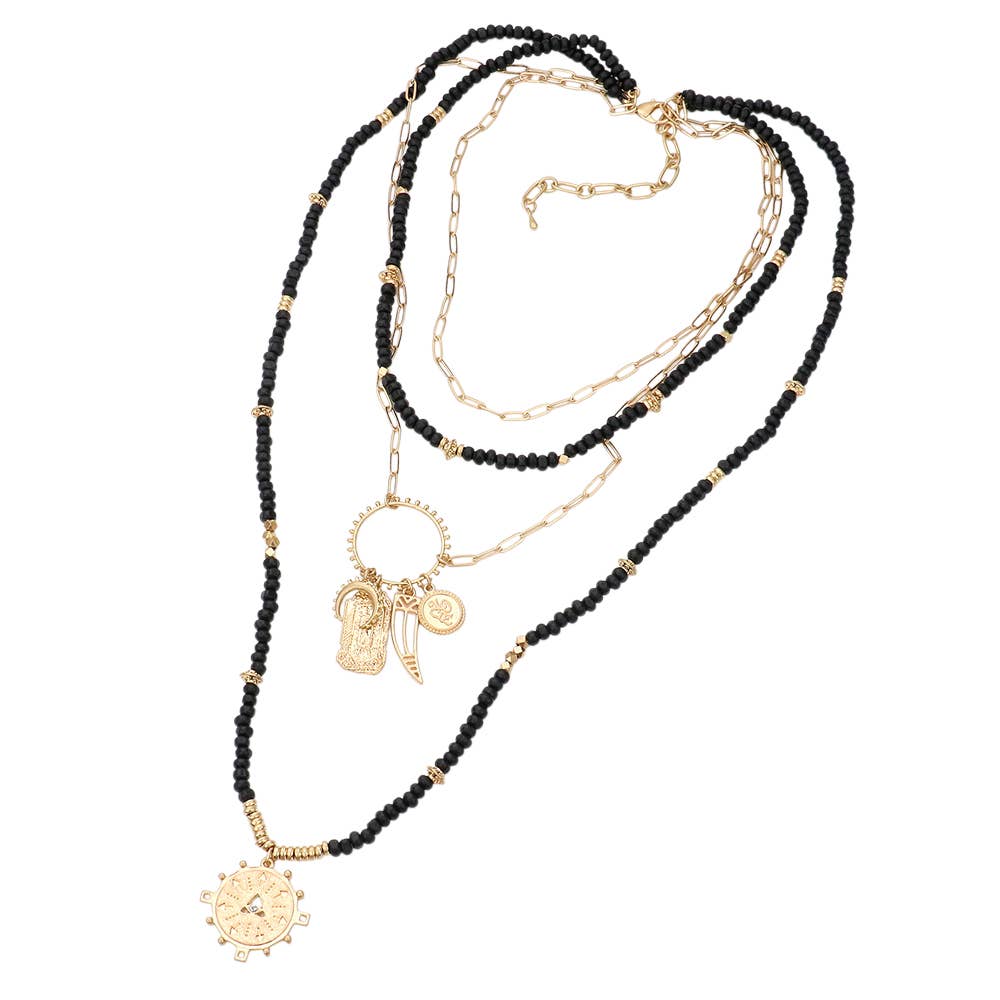 Sensibling Corp. – wholesale Pendant/charm necklace – Double Horn Evil Eye Centered Pendant Wood Beaded Multi Layered Necklace5