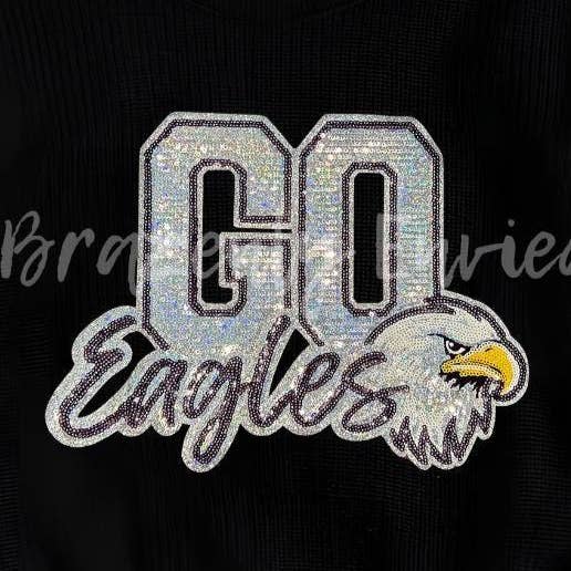Eagles Patch -Go Eagles Patch SILVER and Black Sequins with Black Glitter Backing Patch Trendy Mascot Patch Iron On Ready for wholesale by Brazenly Envied