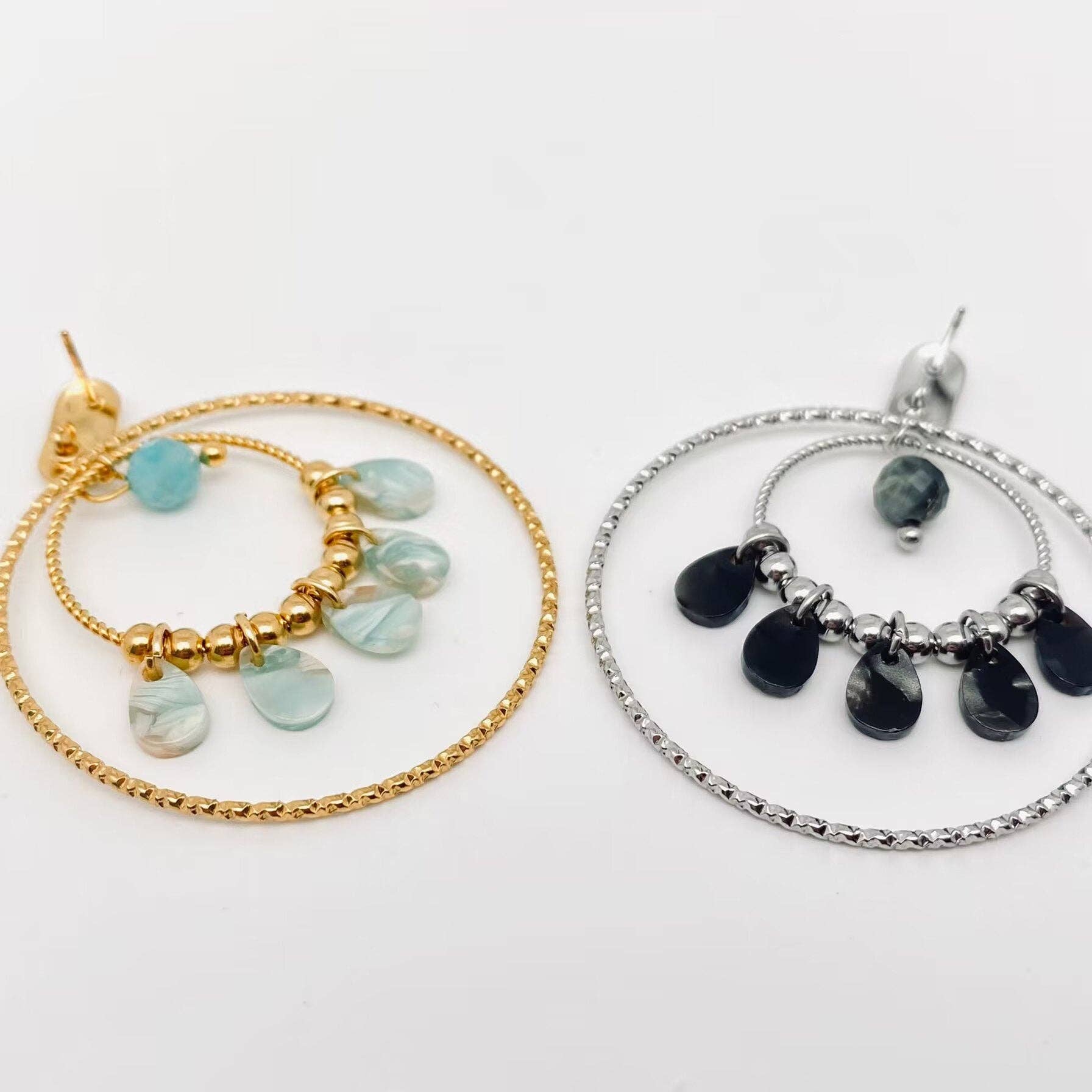 Mio Queena - Wholesale Dangle Earrings - Double Ring 18K Gold Plated Stainless Steel Post Earrings2