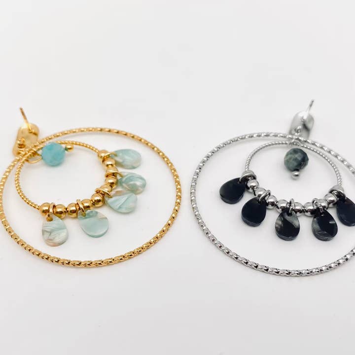 Mio Queena - Wholesale Dangle Earrings - Double Ring 18K Gold Plated Stainless Steel Post Earrings2