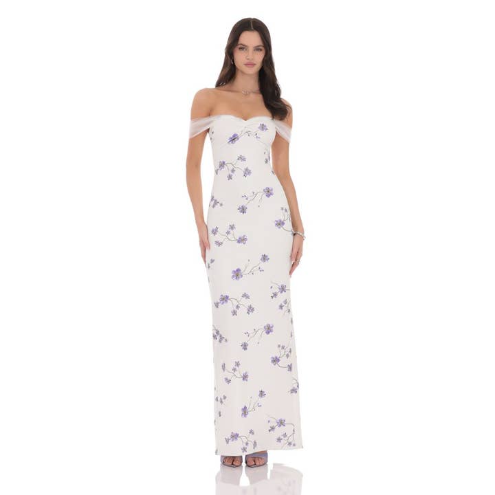 Vestido largo floral de tul con hombros descubiertos en blanco para venta al por mayor de Lucy In The Sky