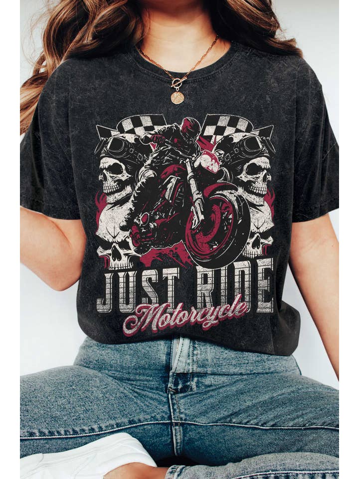 Rustee Clothing - Wholesale Screen Printed T-Shirt - Women's - JUST RIDE SKULL MOTORCYCLE MINERAL GRAPHIC TSHIRTS