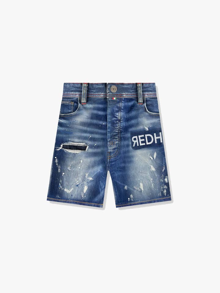 SHORTS IN DENIM CON STAMPA MEDIA, H | BLU SCURO per la vendita all'ingrosso da parte di REDHOUSE