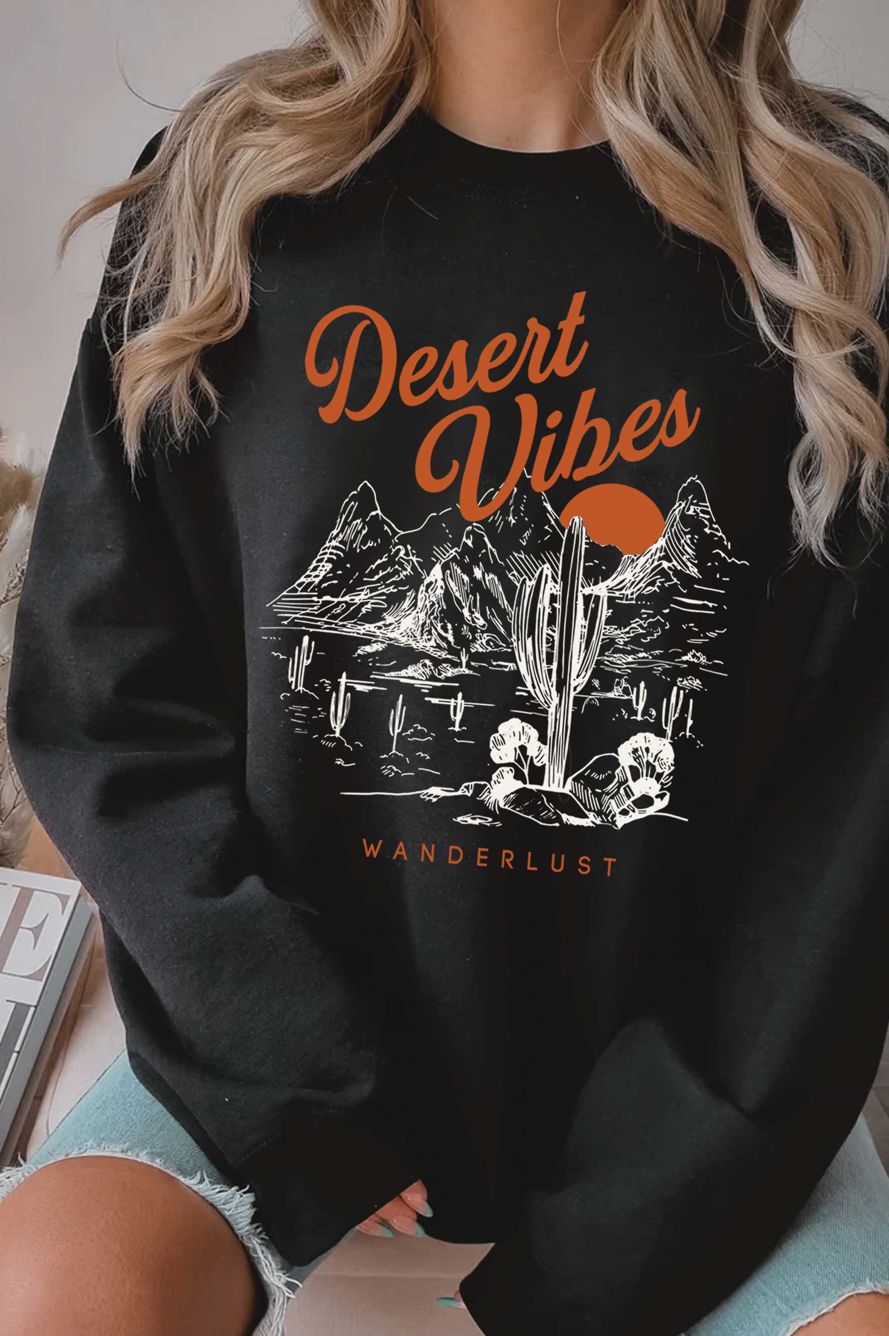 Rustee Clothing - Wholesale Graphic Sweatshirt - Women's - DESERT VIBES WANDERLUST GRAPHIC BRUSHED SWEATSHIRTS0