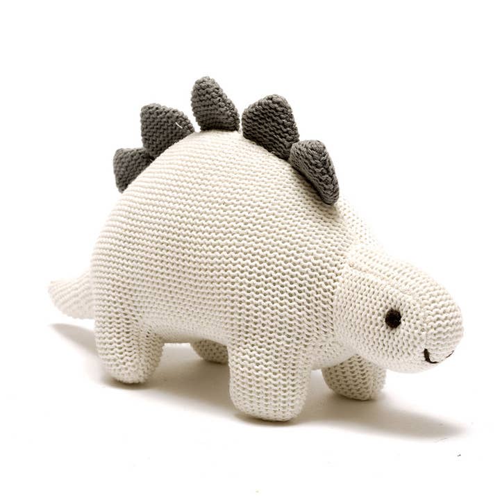 Organic White Cotton Knit Stegosaurus Dinosaur Rattle for wholesale by Best Years Ltd