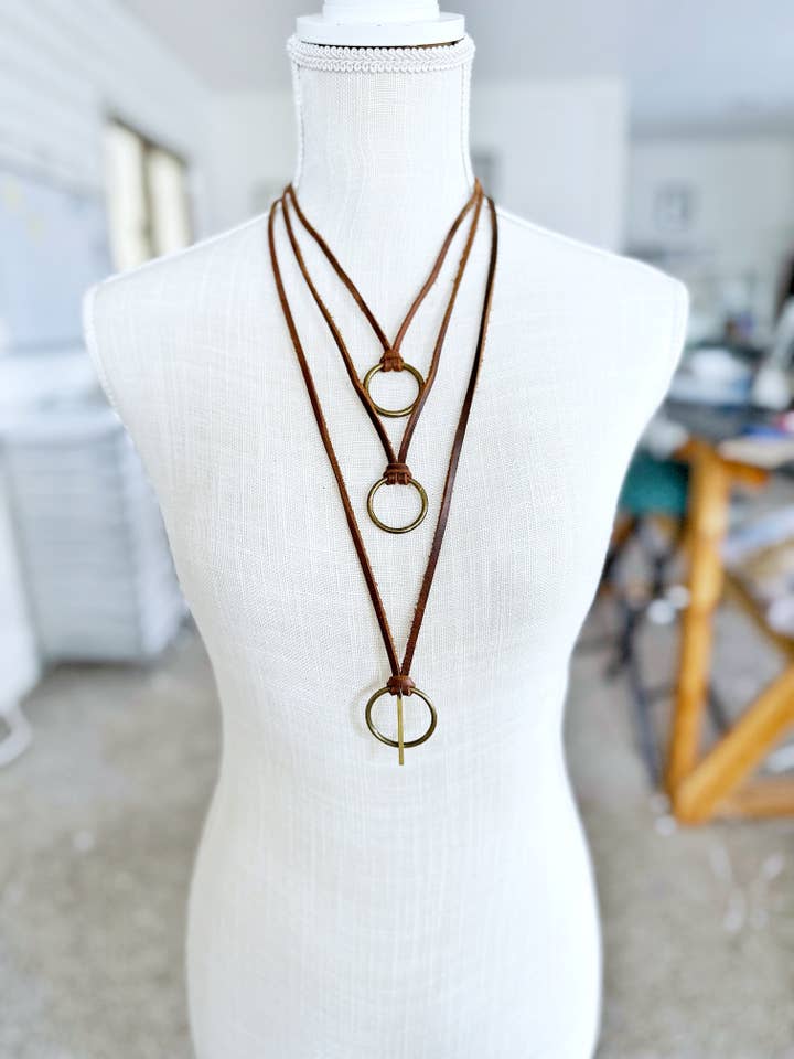 Bronze O-Ring on Brown Leather Necklace for wholesale by Boho By Design