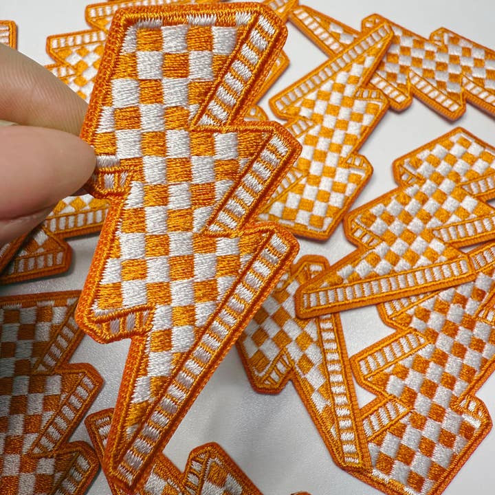 TEELUX - Wholesale Patch - 3” Checkered Lightning - Orange & white  - Embroidered Hat Patch0