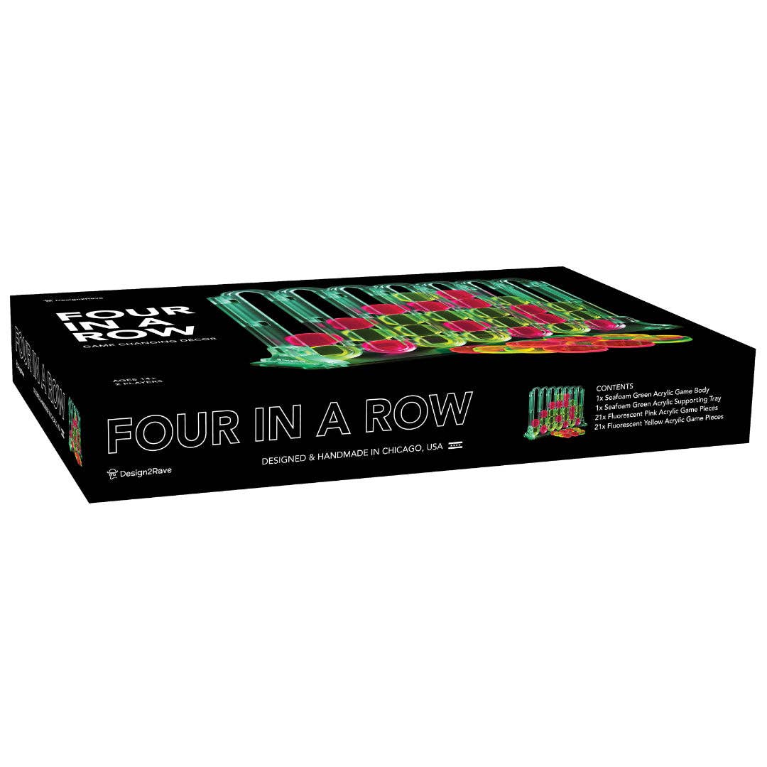 Design2Rave LLC - Wholesale Board Game - Acrylic Four In A Row Game - Seafoam Green with Fluorescent Pink and Yellow Game Pieces4