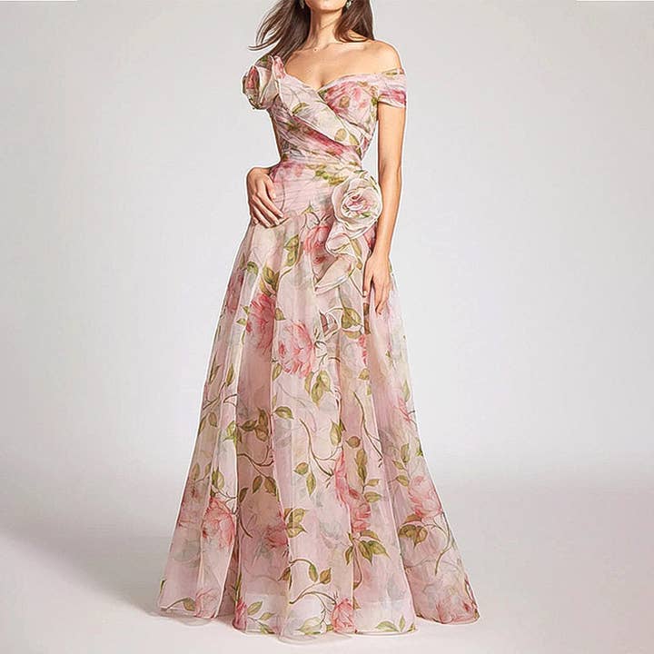 V-Neck Waist Floral Print Long Dress for wholesale by Plush Looks