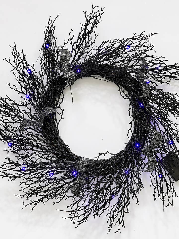 23" Spooky Halloween Lighted Bat Twig Wreath for wholesale by WORTH IMPORTS
