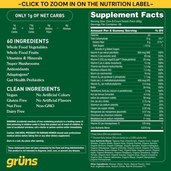 Grüns – wholesale Oralt tillskott/Vitamin – Grüns Vuxen Sockerfria Superfood Greens Gummies, 14 Portioner3