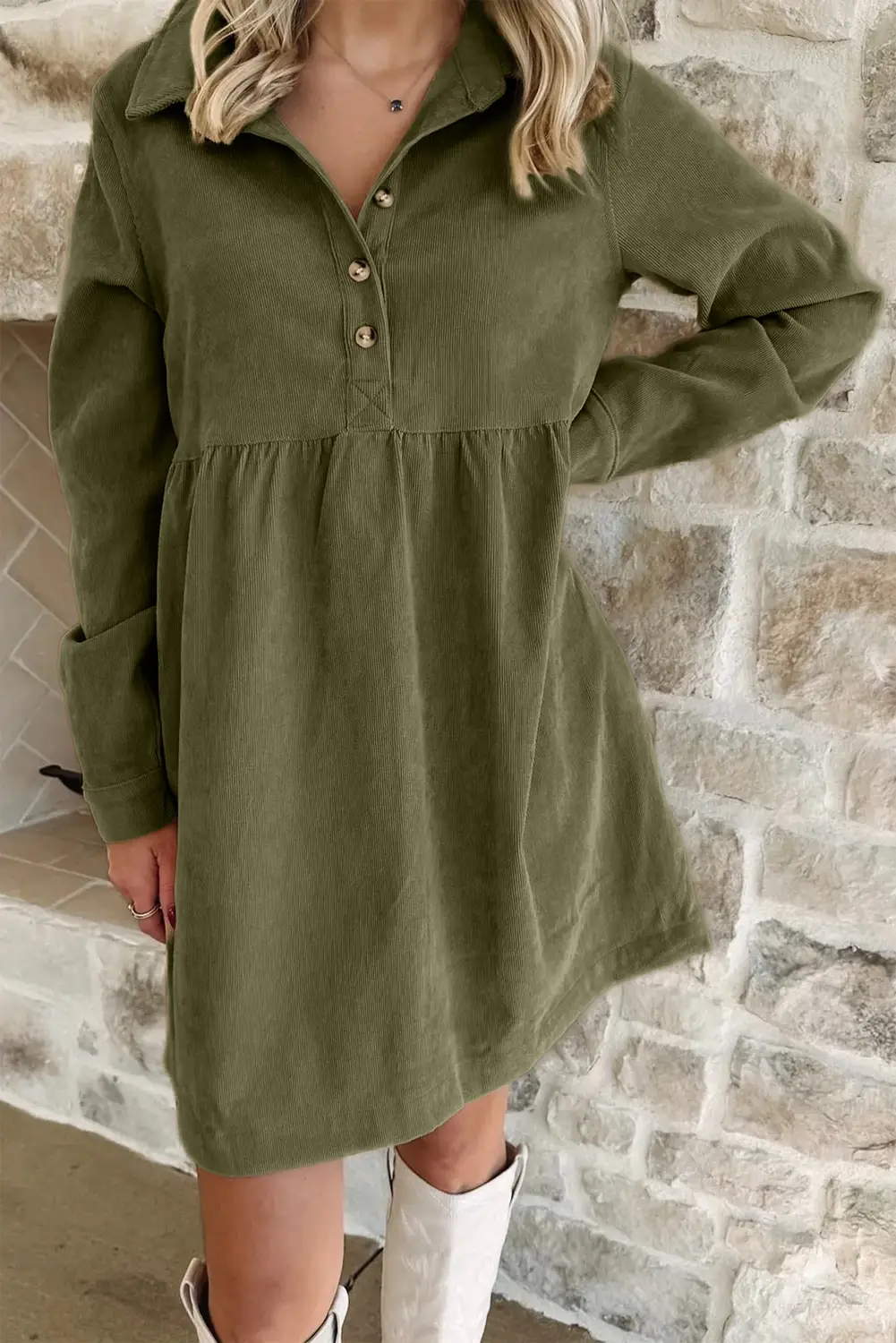 FULL TIME PURCHASE - Wholesale Dress - Women's - Corduroy Half Button Collared Long Sleeve Mini Dress1