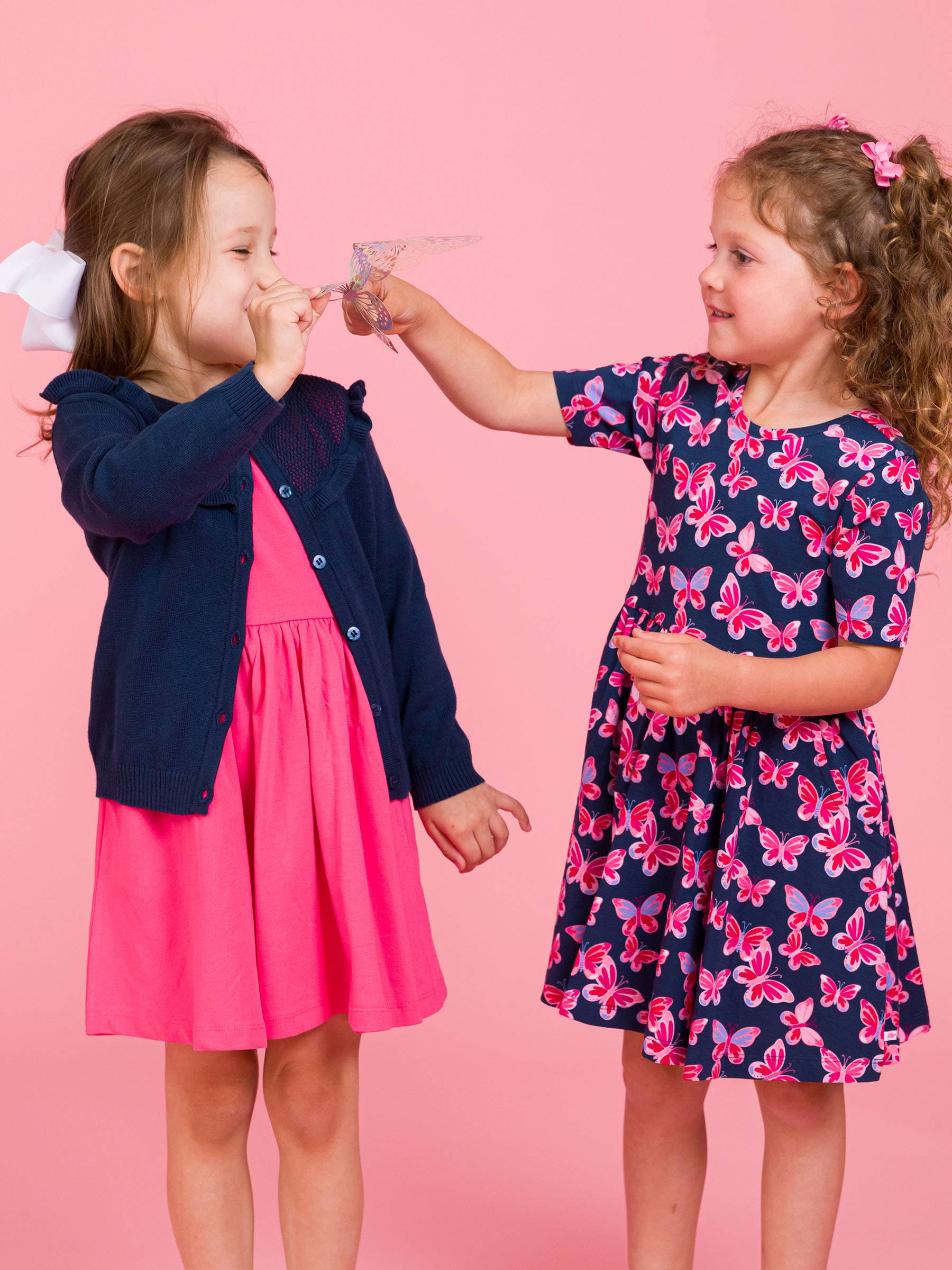 Navy Girls Butterfly Bliss Short Sleeve Knit Twirl Dress for wholesale on Faire4