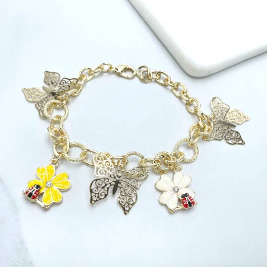 18k Gold Filled Colored Flowers and Ladybugs Charms Bracelet for wholesale by Luxus Accessories