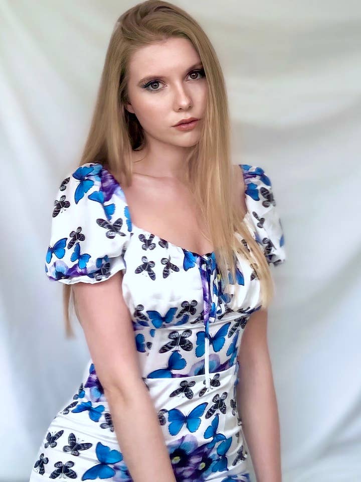 Blue Butterfly Printed Tie Bust Mini Dress for wholesale by Cities Of Angels