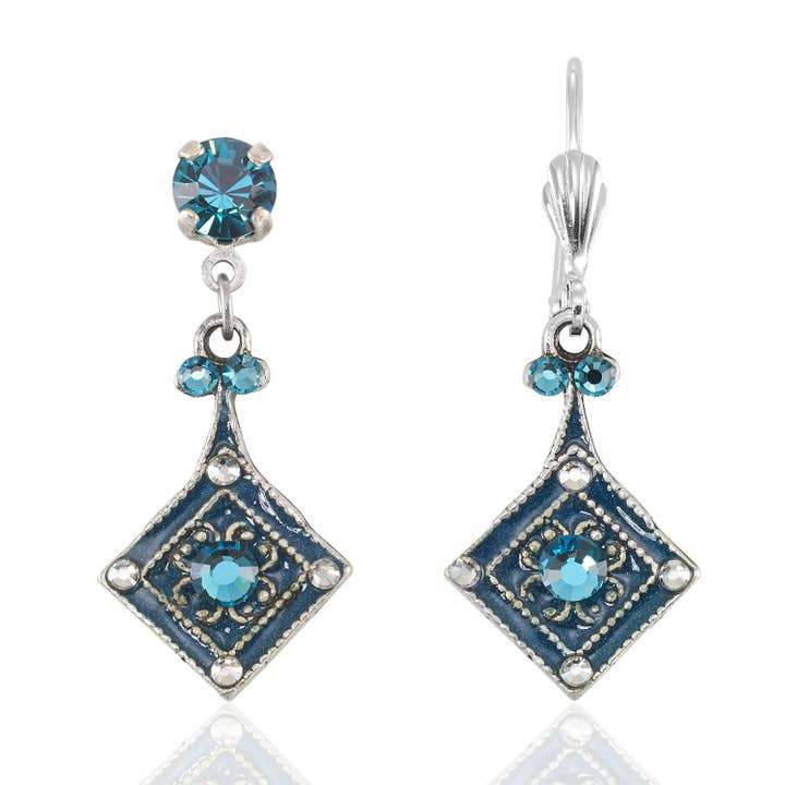 Vintage Art Deco Inspired Squared Teal Green Crystal Earring for wholesale by Anne Koplik Designs, Inc.