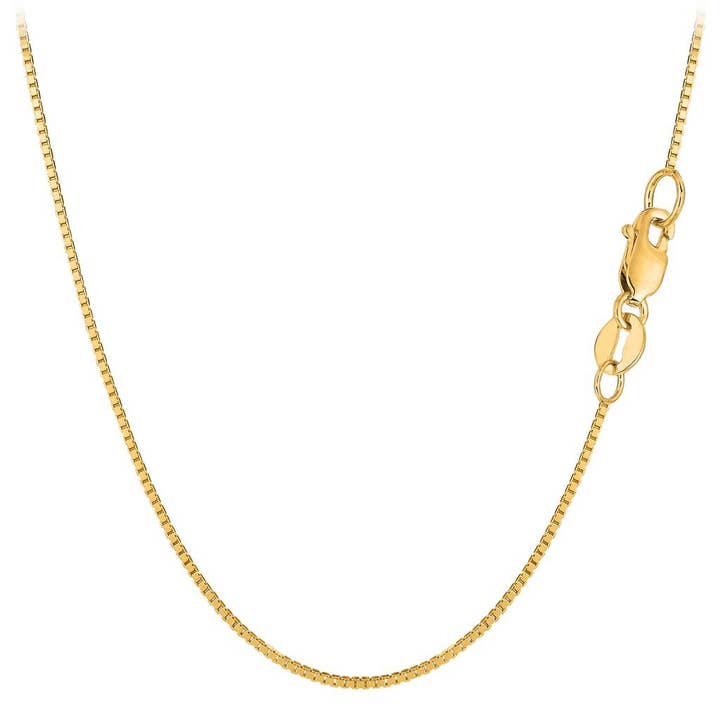 14K SOLID Yellow OR White Or Rose/Pink Gold 0.80mm Shiny Classic Mirror Box Chain with Lobster-Claw Clasp (13", 16", 17", 18", 20", 22" 24" or 30 inch) for wholesale by The Diamond Deal
