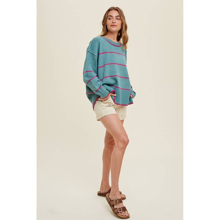 TEAL MAGENTA STRIPED SWEATER WITH SIDE SLITS / WL23-7610 for wholesale on Faire