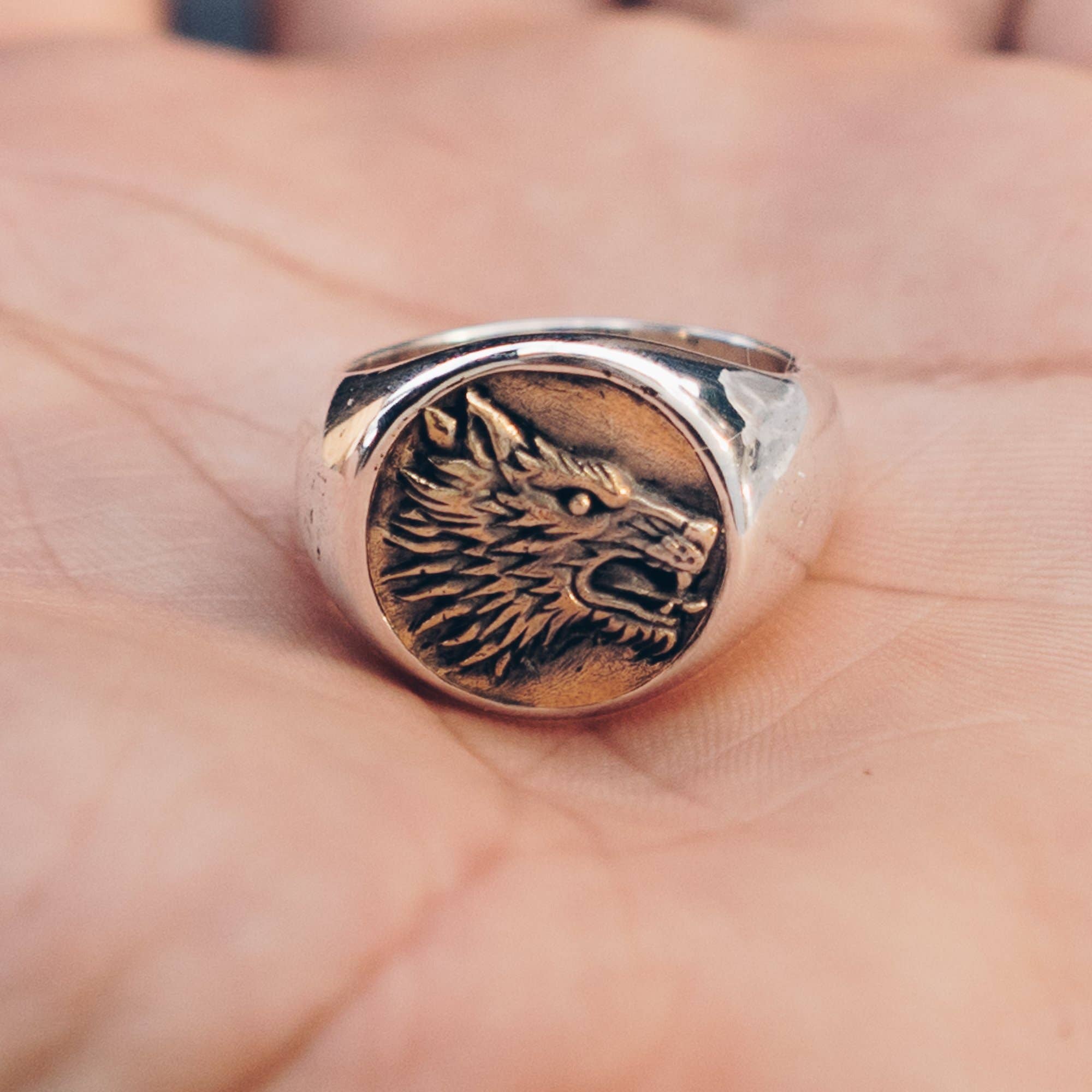 JewelryLab - Wholesale Signet Ring - Wolf Ring - 925 Sterling Silver with brass Emblem9