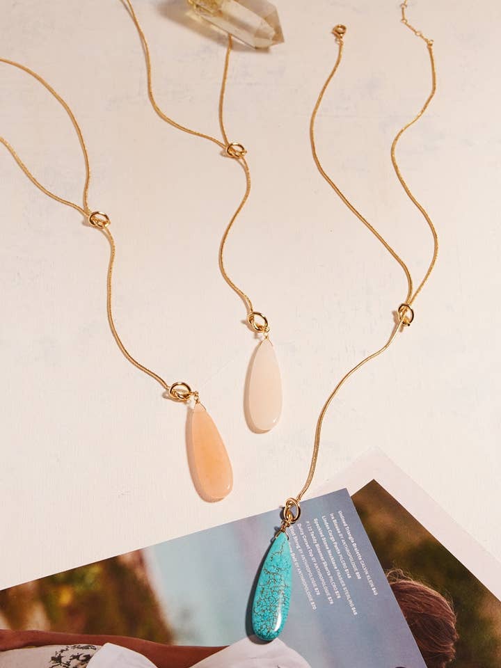 18K Gold Plate Long Teardrop Stone Yshape Necklace for wholesale by Designature New York