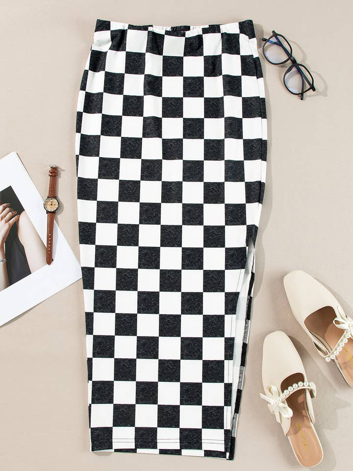 FULL TIME PURCHASE - Wholesale Skirt - Women's - Checkered Print Side Slit High Waist Midi Skirt7