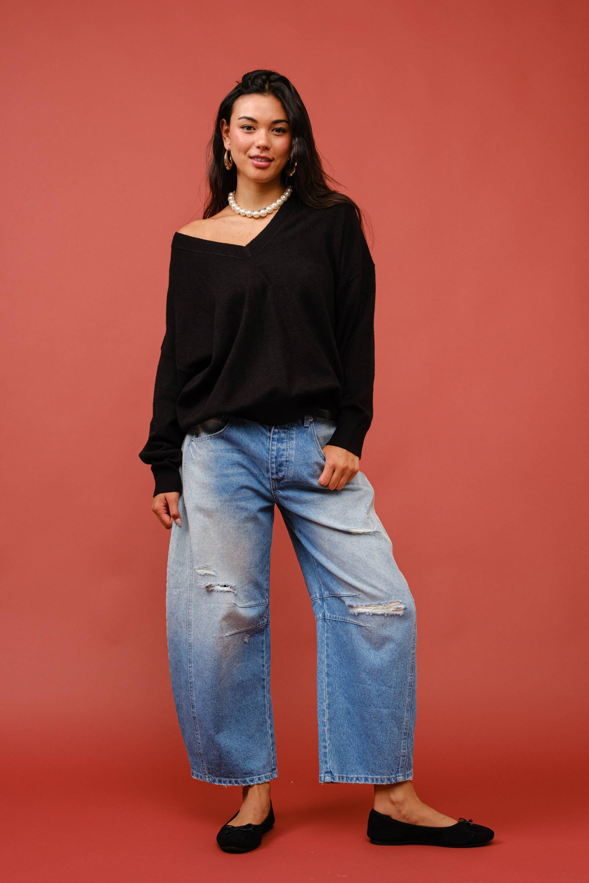 Signature 8 – Pulôver - Mulher por atacado – Suéter Oversized de Cashmere com Decote V e Mangas Longas S631217