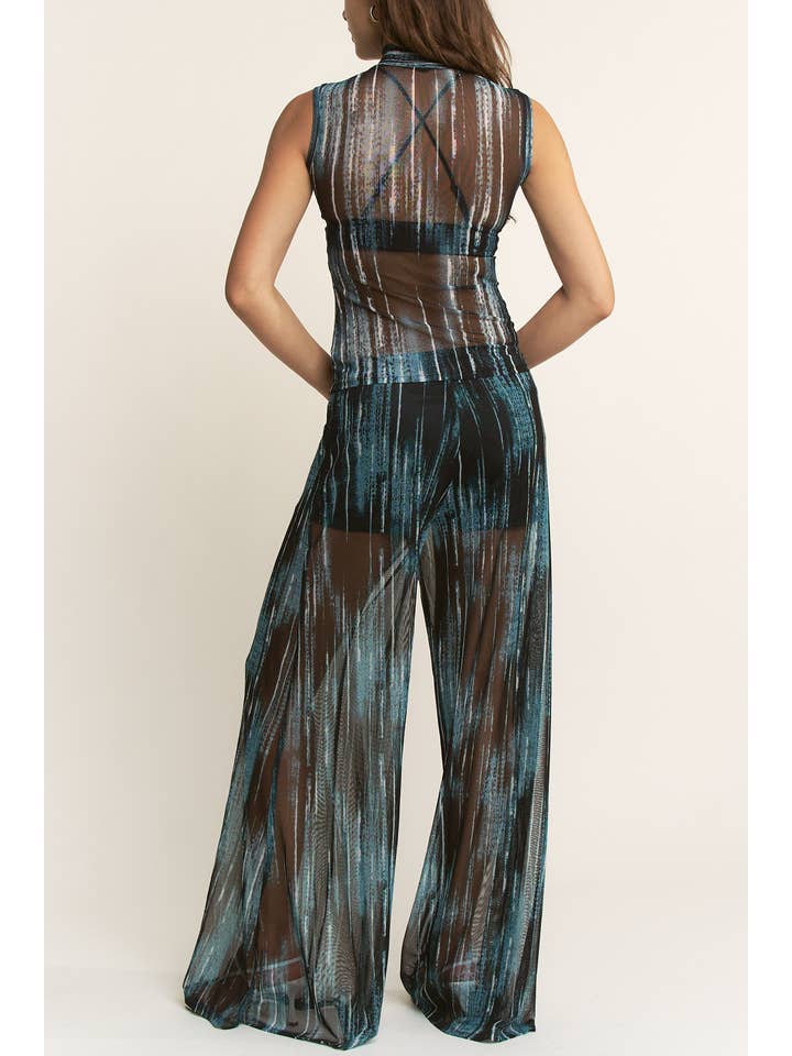 YNEZ - Wholesale Pants - Women's - Vibrant Stripe Print Sheer Wide Leg Cocktail Going Out Pant30