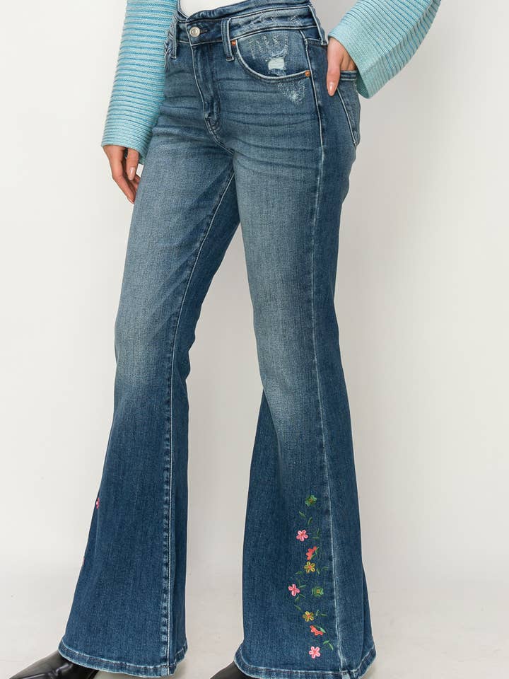 HIGH RISE EMBROIDERY BOTTOM FLARE JEANS for wholesale by ARTEMIS VINTAGE