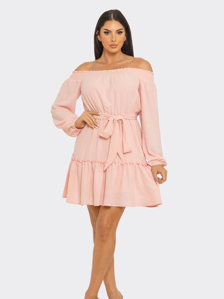 Elastic Shirring Off Shoulder Waist Belt Tie Dress for wholesale by Julia by LoveJ