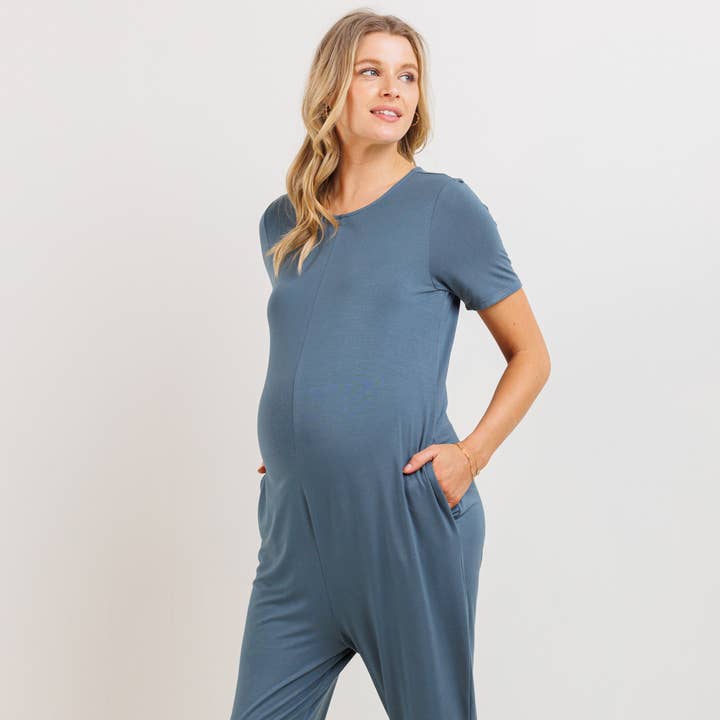 Strickoverall für Schwangere mit Rundhalsausschnitt und kurzen Ärmeln für den Großhandel von Hello Miz