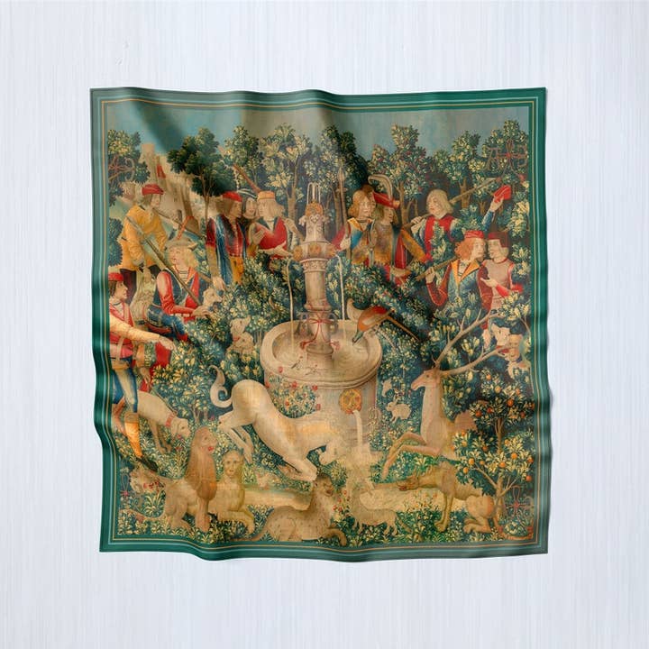 The Unicorn Purifies Water (from the Unicorn Tapestries), Luxurious Square Scarf/Wrap/Boho Shawl, Made to Order, Handmade and Cruelty-Free for wholesale by Ebon et Noir LLC