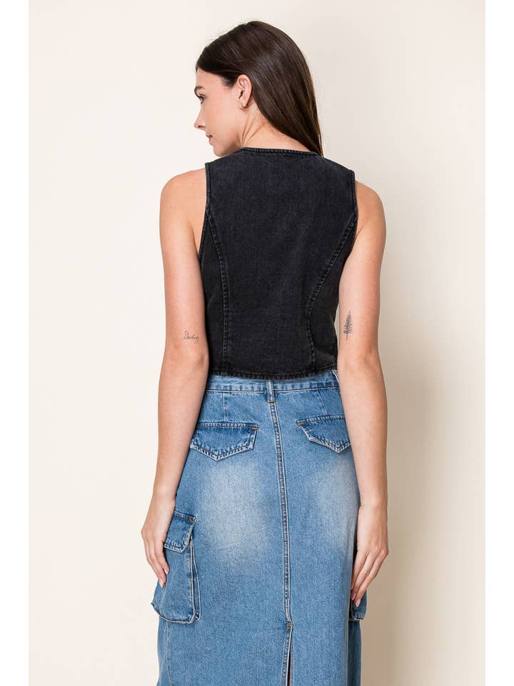 Faded Black Washed Denim Vest With Front Bow Ties for wholesale on Faire