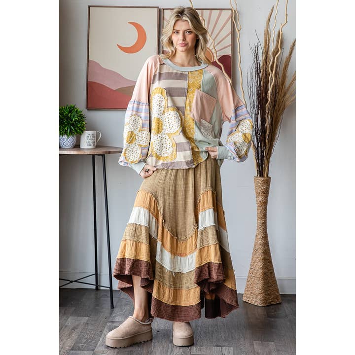 PINK COMBO DAISY PATCHWORK OVERSIZE LONG SLEEVE PULLOVER TOP for wholesale on Faire