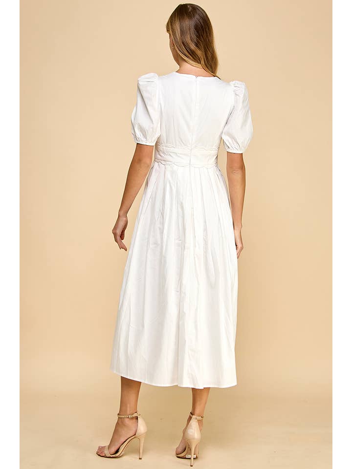 White CD04954-V Neckline Scalloped Detail Midi Dress for wholesale on Faire