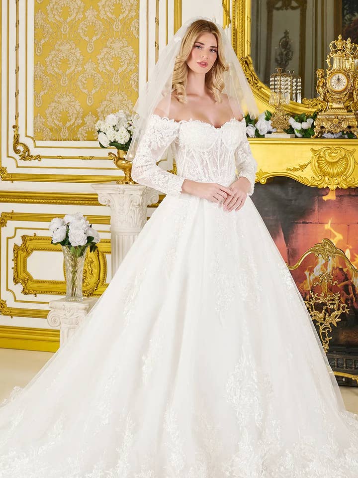 Wedding Ball Gown Off-Shoulder 3/4 Sleeves,A Sweetheart Neckline Corset Bodice for wholesale by Tux-USA®