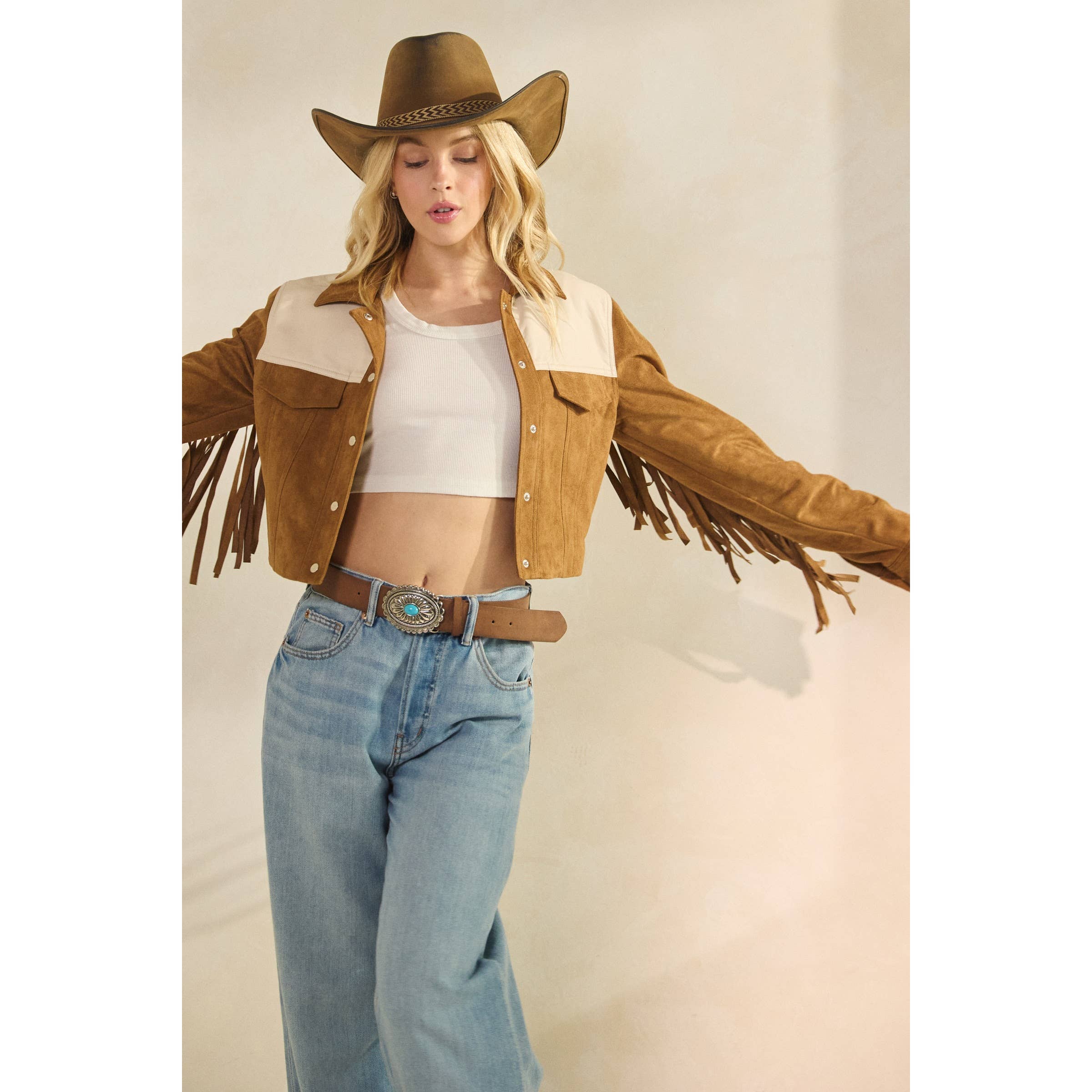 Camel Suede Jacket with Fringe Detail for wholesale on Faire5