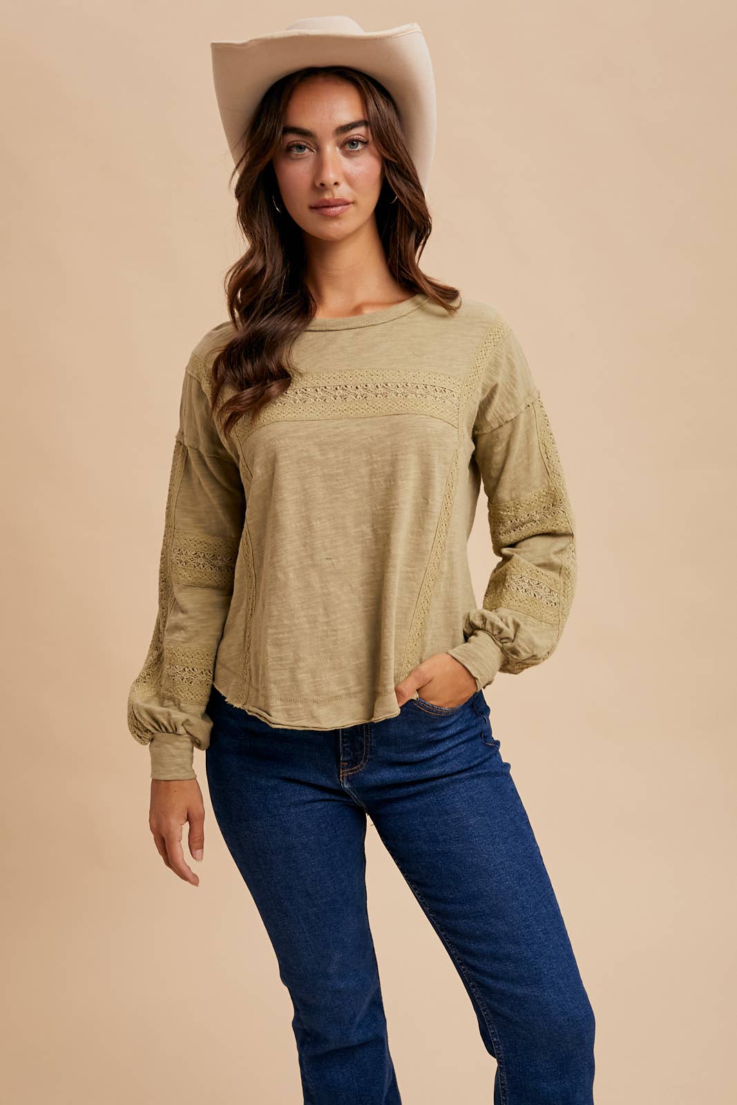 In Loom - Wholesale Blouse - Women's - GARMENT WASHED LACE INSET LONG SLEEVE TOP15