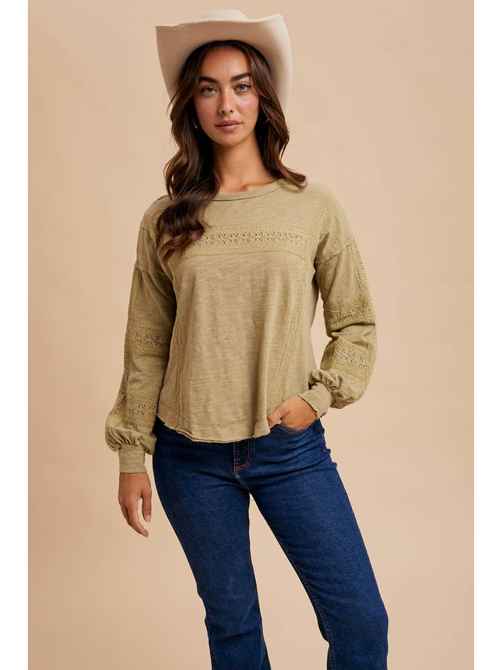 In Loom - Wholesale Blouse - Women's - GARMENT WASHED LACE INSET LONG SLEEVE TOP15