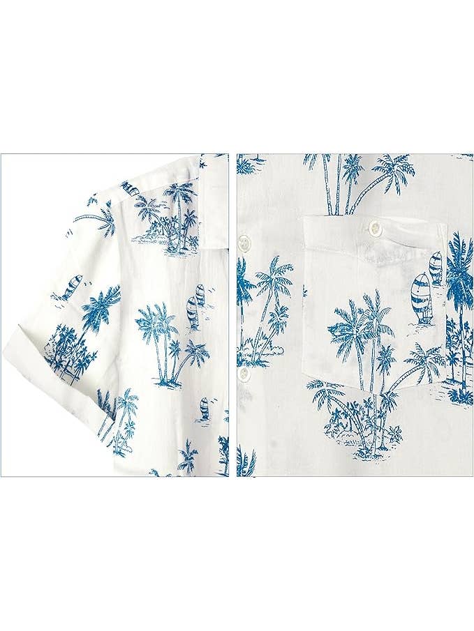 WHITE T BLUE HAPPY BAY Cotton Mens Hawaiian Shirt T_Blue Palm Tree P00440 for wholesale on Faire2