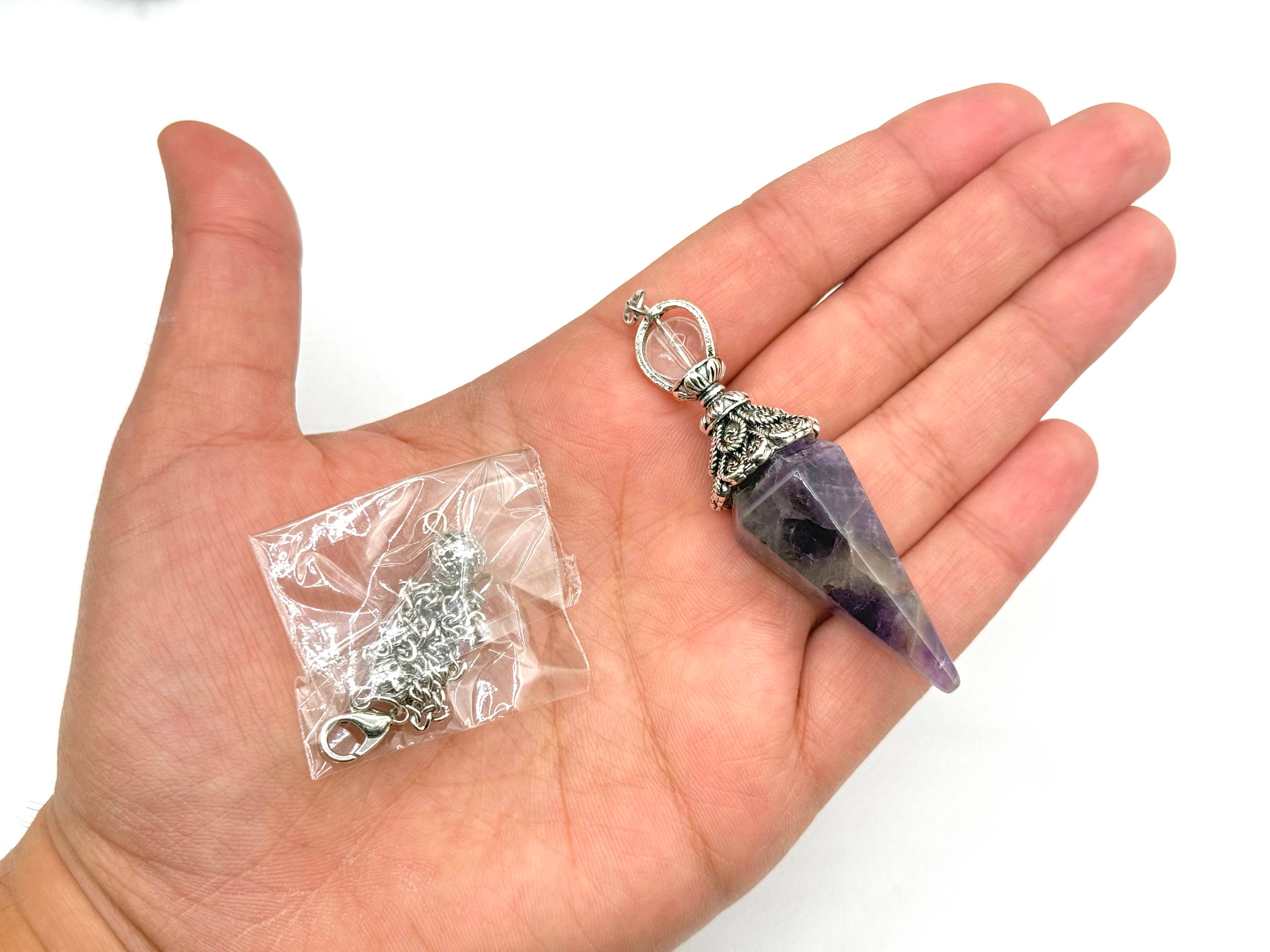 Meraki Gemstones - Wholesale Pendulum Board - Amethyst Double Cap Pendulum with Silver Plate Chain7