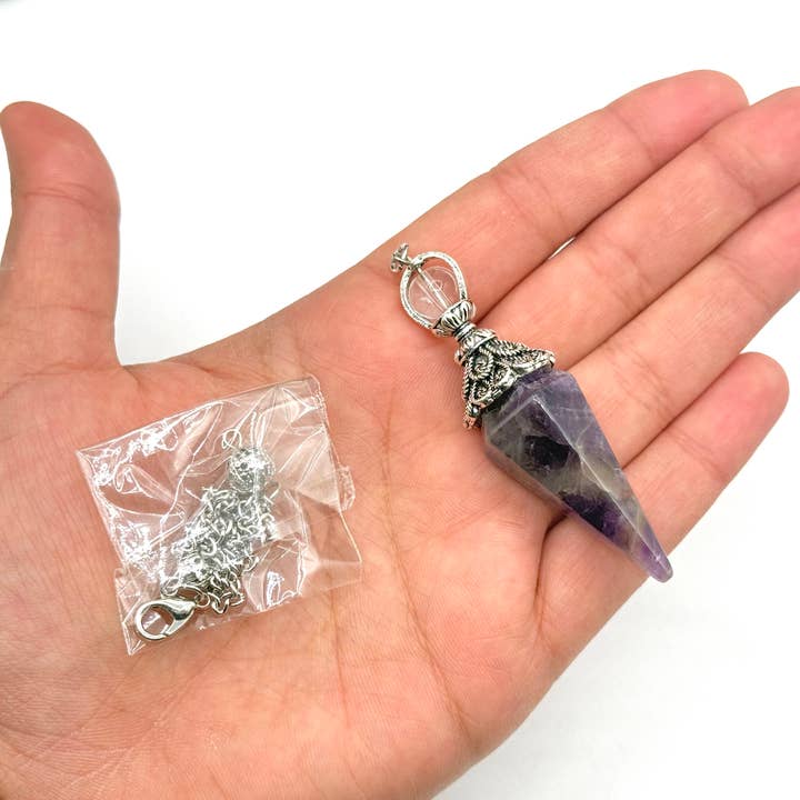 Meraki Gemstones - Wholesale Pendulum Board - Amethyst Double Cap Pendulum with Silver Plate Chain7