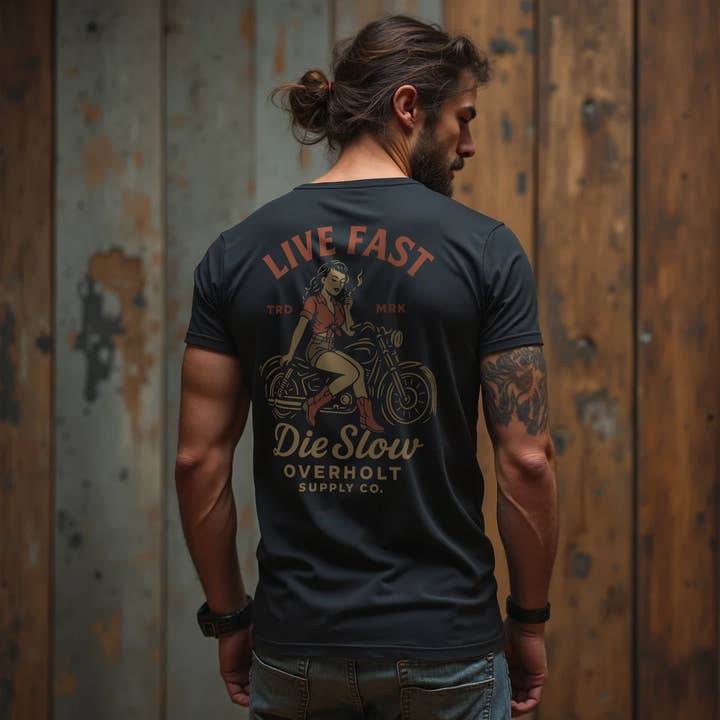 Overholt Supply Co. - Wholesale Screen Printed T-Shirt - Unisex - OSC-110 — "Live Fast, Die Slow" T-Shirt1