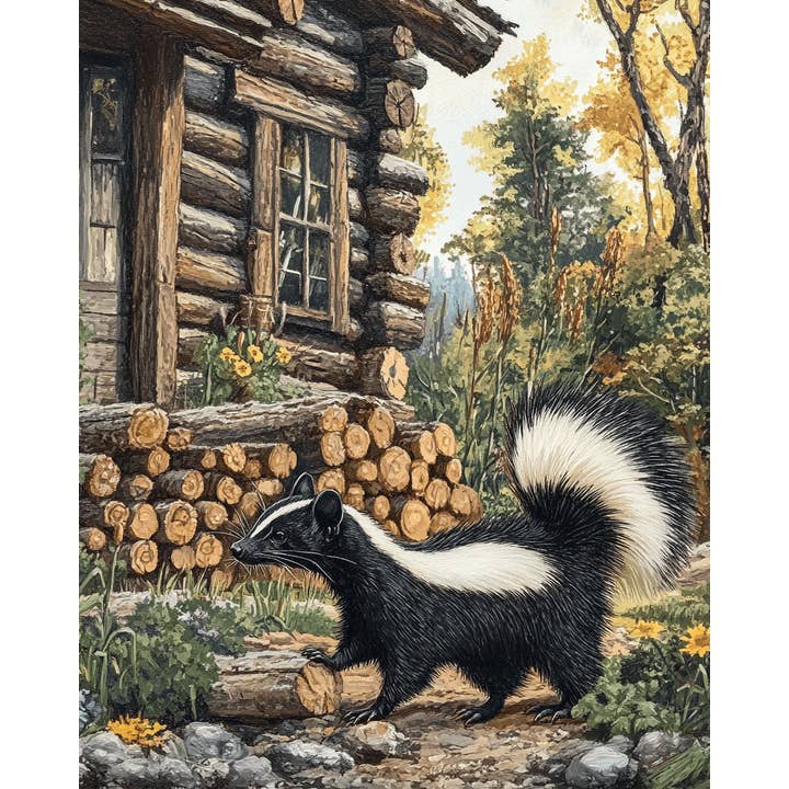 Mowbi - Wholesale Art Print - Skunk Passing By - Log Cabin Companions Wall Art Prints – 8″x10″ Artwork for 11″x14″ Frame