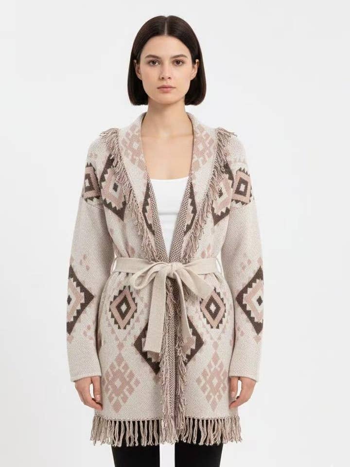 Cardigã jacquard com cinto e franjas por atacado de AMELÉ