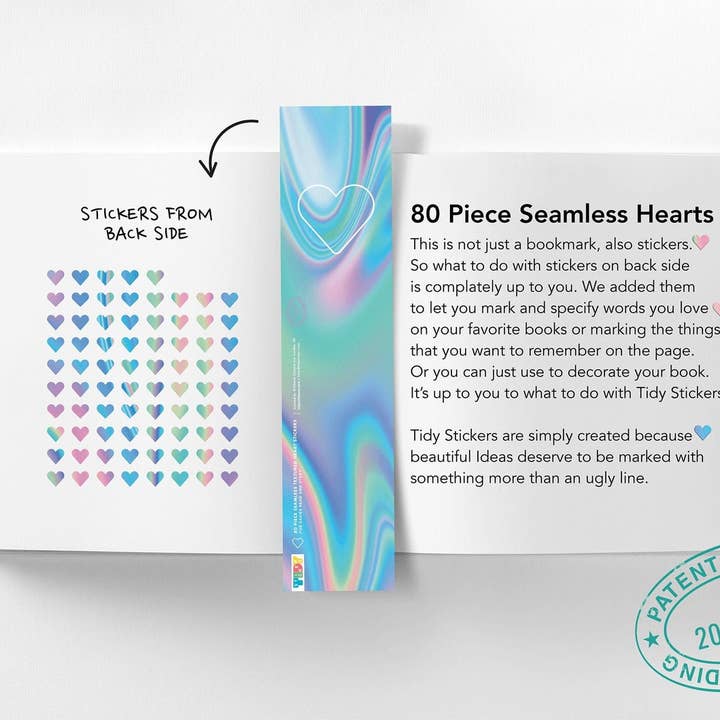 80 adesivi unici a forma di cuore posizionati sul segnalibro per la vendita all'ingrosso da parte di Tidy Stickers