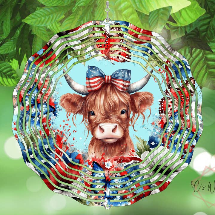 Patriotic Highland Cow Wind Spinner for wholesale by 5C's Wholesale
