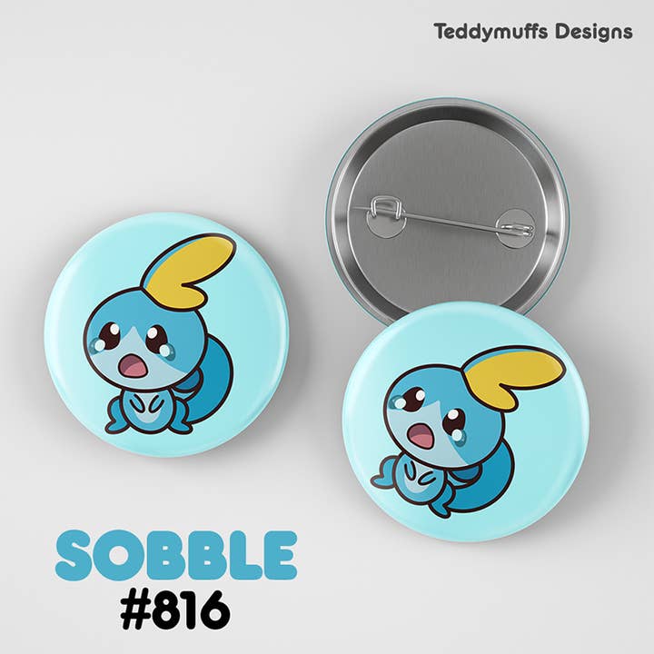 Sobble Button Pin for wholesale by Teddymuffs Designs